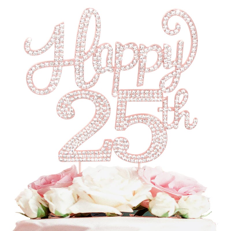 LASKYER Happy 25th Birthday Rose Gold Rhinestone Cake Topper - 25th Birthday/Anniversary,Cheers to 25 Years Old Bday Party Metal Sparkly Centerpieces Decorations. - Image 1